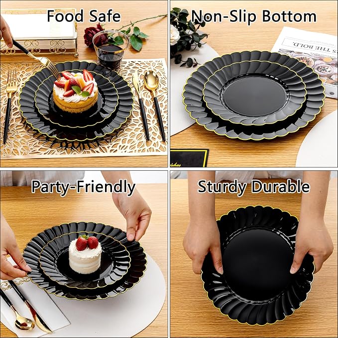 Ciaell 175 PCS Black Scalloped Plastic Plates with Gold Trim - Black Plastic Silverware with Handle - Fancy High-End Dinnerware Sets for Wedding & Party