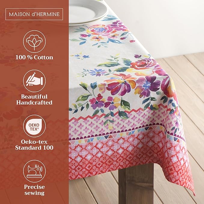 Maison d' Hermine Table Cloth Rectangle Table 100% Cotton 60 x 108 Inches Tablecloth Reusable Decorative for Dining Kitchen Room Farmhouse Party Home Hotel Restaurant Spring Summer - Rose Garden