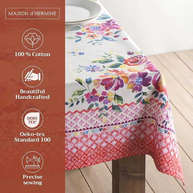 Maison d' Hermine Table Cloth Square Table 100% Cotton 60 x 60 Inches Tablecloth Reusable Decorative for Dining Kitchen Room Farmhouse Party Home Hotel Restaurant Spring Summer - Rose Garden