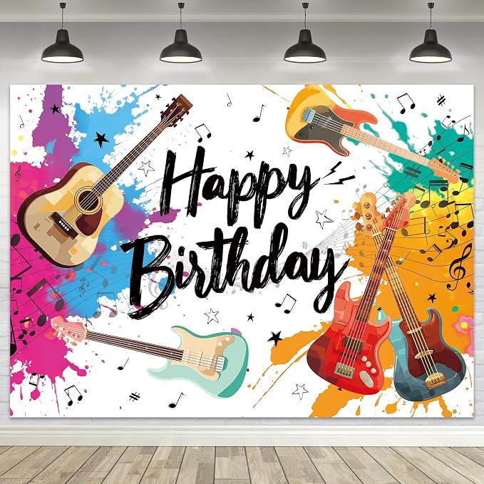 Guitar Happy Birthday Backdrop Music Themed Cool Watercolor Blue and Red Musical Notes Bday Party for Kids Photography Background Decoration Colorful Modern Fabric Photo Shoot Studio Props