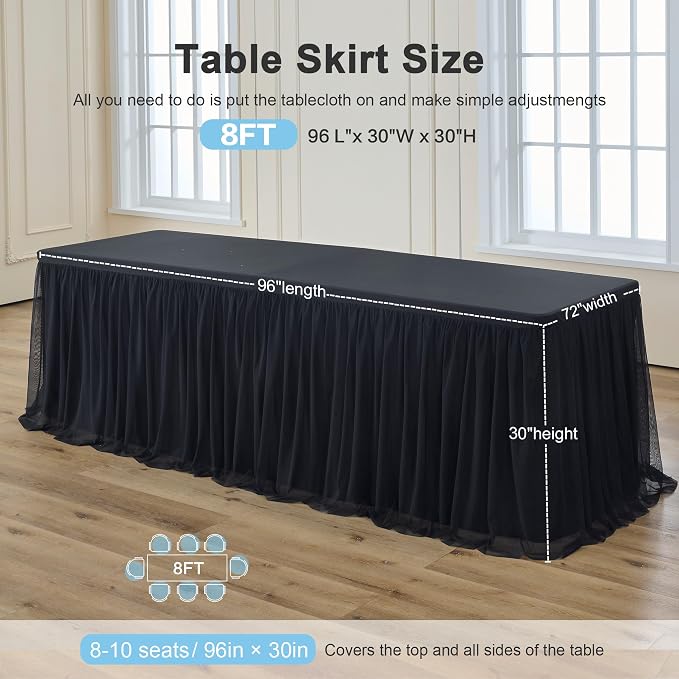 familus 8ft Black Spandex Fitted Tablecloth with Tulle Table Skirt - 2-in-1 Structured Tutu Table Cover for Weddings, Trade Shows, Banquets & Professional Events