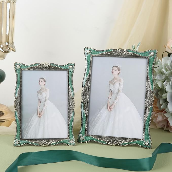 5x7 Vintage Picture Frame Green Metal Emerald Antique Brass Pearl Photo Frame Retro Home Decor, Clear Glass Front, Unique Gifts for Women Wedding Mothers Day, Horizontally & Vertically