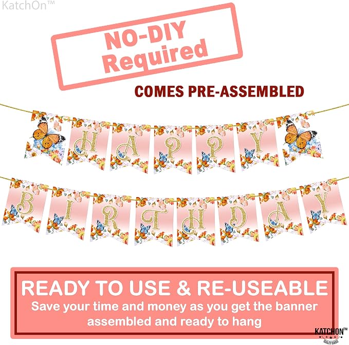 KatchOn, Glitter Butterfly Happy Birthday Banner - 2 String, Pre-Strung | Banner for Butterfly Birthday Decorations | birthday decorations for women