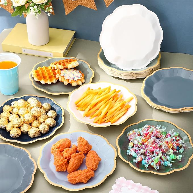 72 Pcs Dusty Blue and Sage Green Color Paper Plates 9 Inch Green Blue Gradient Scalloped Paper Disposable Dinner Dessert Plates for Birthday Wedding Bridal Party Supplies, 6 Colors