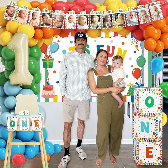 Fun to be One Birthday Decorations Balloon Kit, 127Pcs Its Fun to be One Birthday Tablecloth, Backdrop, 1st Birthday Month Banner, High Chair Banner, ONE Box, Balloon Arch, Crown, Cake Toppers