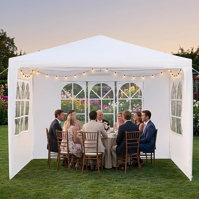 10x10 Canopy Tent, Portable Waterproof Outdoor Tent with 3 Removable Sidewalls, Party, Wedding, Camping & Backyard Shelter, White