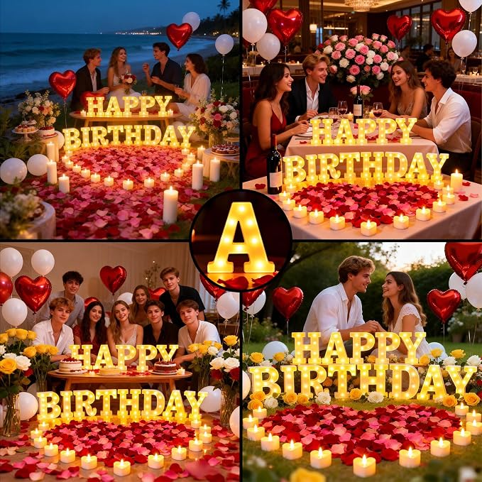 Happy Birthday Light up Letters, Include Tea Lights Candles, Latex Balloons, Aluminum Balloons and Rose Petals, Special Festival, Surprise Gifts for Women and Men