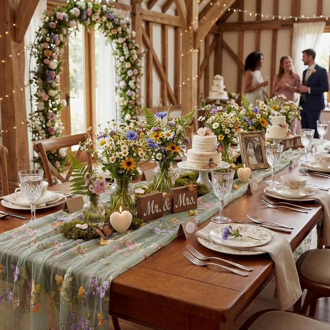 Sage Green Floral Table Runner 10ft Embroidery Tulle Spring Wildflower Table Runner Seasonal Summer Butterfly Kitchen Dining Gauze Decoration for Wedding Baby Shower Birthday Party (3 Pcs)