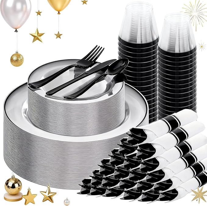 SUT 175 Pcs Black and Clear Plastic Dinnerware Set for 25 Guests, Include: 25 Dinner Plates, 25 Dessert Plates, 25 Pre Rolled Napkins With Silverware, 25 Cups, Disposable Plates for Party