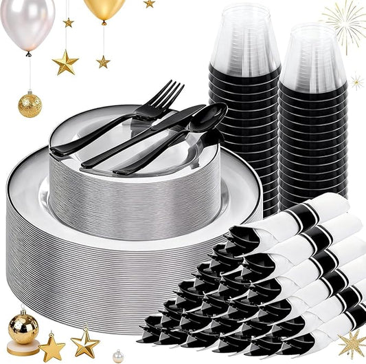 SUT 175 Pcs Black and Clear Plastic Dinnerware Set for 25 Guests, Include: 25 Dinner Plates, 25 Dessert Plates, 25 Pre Rolled Napkins With Silverware, 25 Cups, Disposable Plates for Party