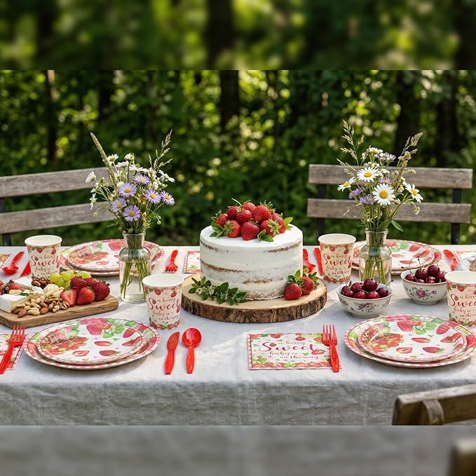 Ziliny 350 Pcs Sweet Baby Shower Party Supplies a Berry Sweet Baby Is on the Way Tableware Set Strawberry Disposable Plates Napkins Paper Cup Plastic Cutlery Serves 50