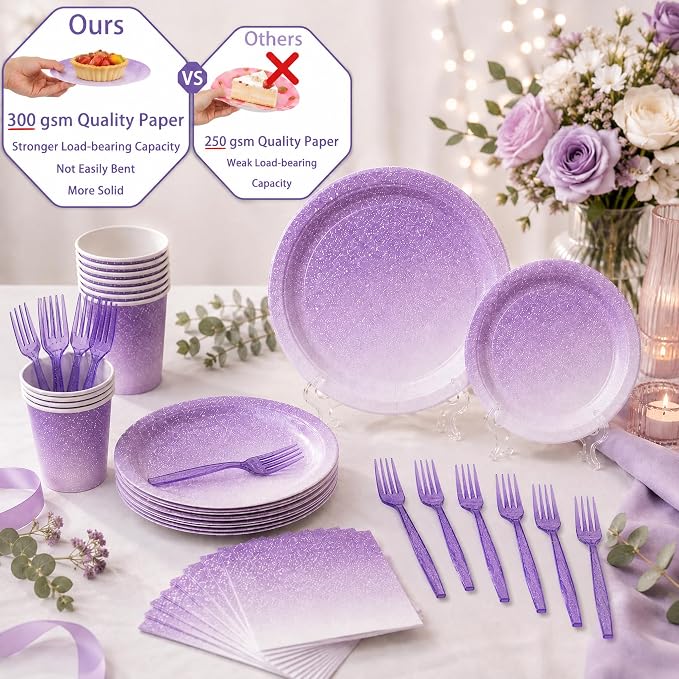 280 Pcs Purple Birthday Party Decorations for Women, Purple Pink Happy Birthday Party Decorations for Girls, 100Pcs Paper Plates, Napkins, Cups, Forks for 20 Guests Tableware Sets, Bday Sash and Crown