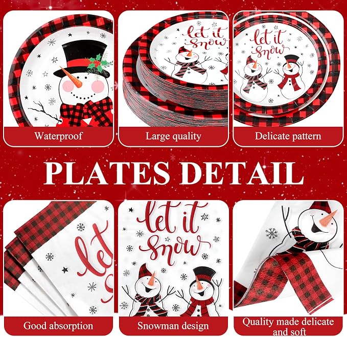 Funnymoom 250 Pcs Winter Snowman Paper Plates and Napkins Party Supplies Red Black Buffalo Plaid Winter Disposable Tableware Set for Christmas Holiday Party Decoration