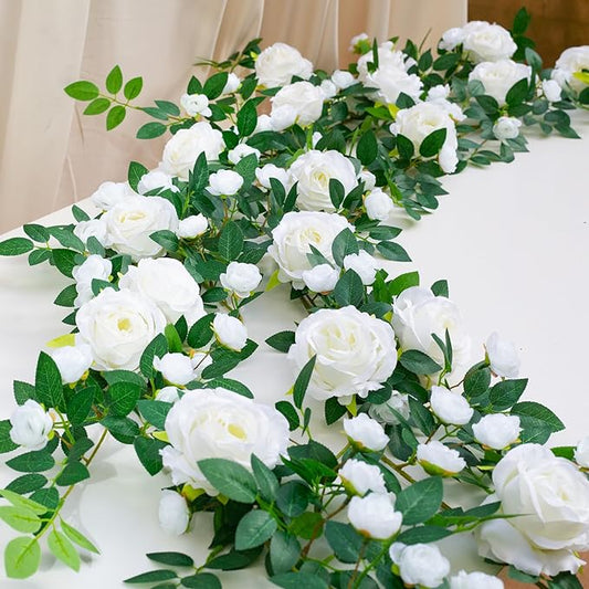 2 PCS 12FT Bendable Flower Garland, Artificial Rose Vine Hanging Floral Garland Decoration for Weding Home Room Wall Decor (White, 2pcs)