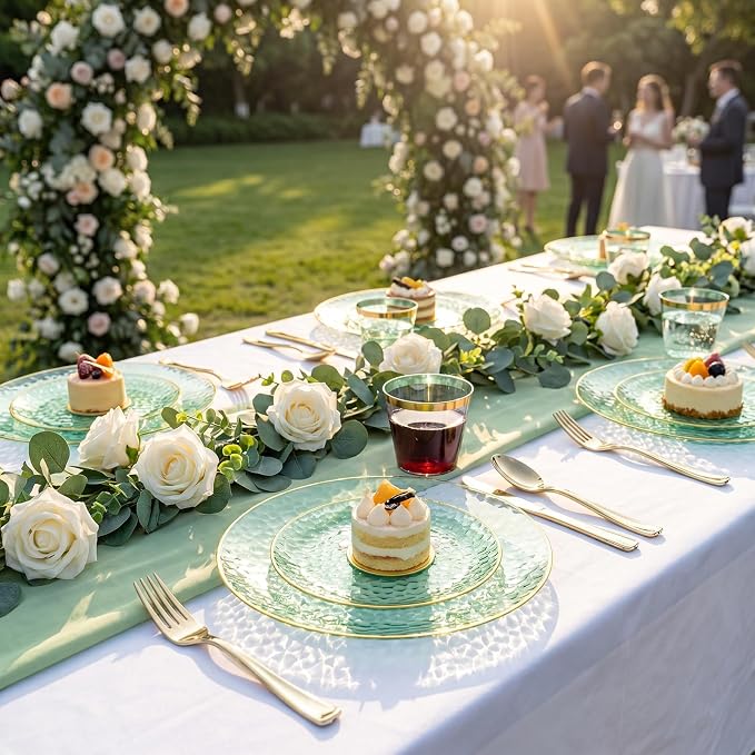 175PCS Green Plastic Plates for 25 Guests, Disposable Plates for Party, Heavy Duty Disposable Plate Set Include: 25 Dinner Plates, 25 Dessert Plates, 25 Cups and Cutlery for Wedding & Party