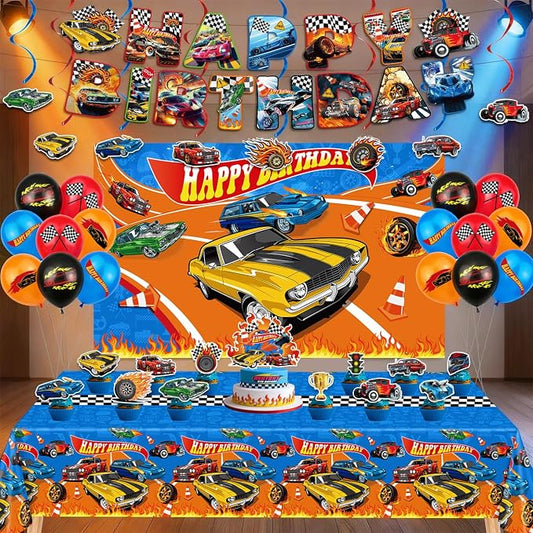 Race Car Birthday Decorations Party Decorations Set Include Race Car Balloons, Tablecloth, Backdrop, Cake Cupcake Toppers, Hanging Swirls, Banner Racing Car Party Supplies for Boys Birthday Decor