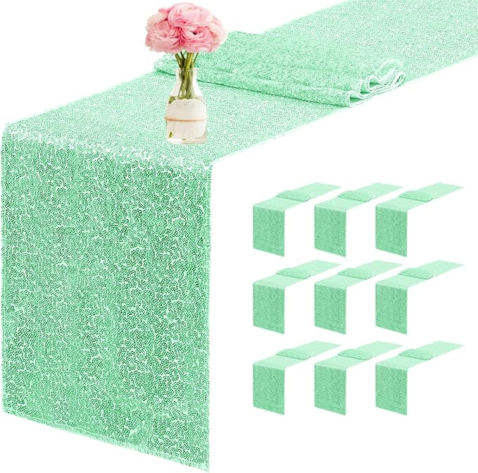 10 Packs 12 x 72 inches Sequin Table Runner, Mint Green Glitter Table Runner for Birthday Party Supplies Wedding Engagement Baby Shower Holiday Celebration Event Decorations