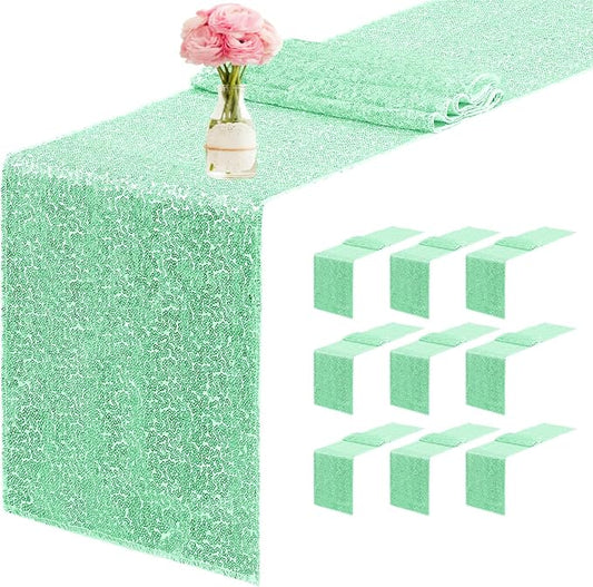10 Packs 12 x 72 inches Sequin Table Runner, Mint Green Glitter Table Runner for Birthday Party Supplies Wedding Engagement Baby Shower Holiday Celebration Event Decorations