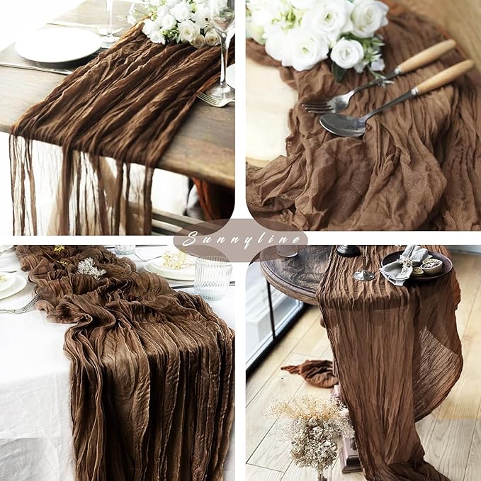 6 Pcs Cheesecloth Table Runner 10FT Brown Runner for Tables Gauze Fabric 35 x 120 Inches Long Boho Table Runner Decor Rustic Sheer Runner for Wedding Birthday Bridal Shower Party (Brown)