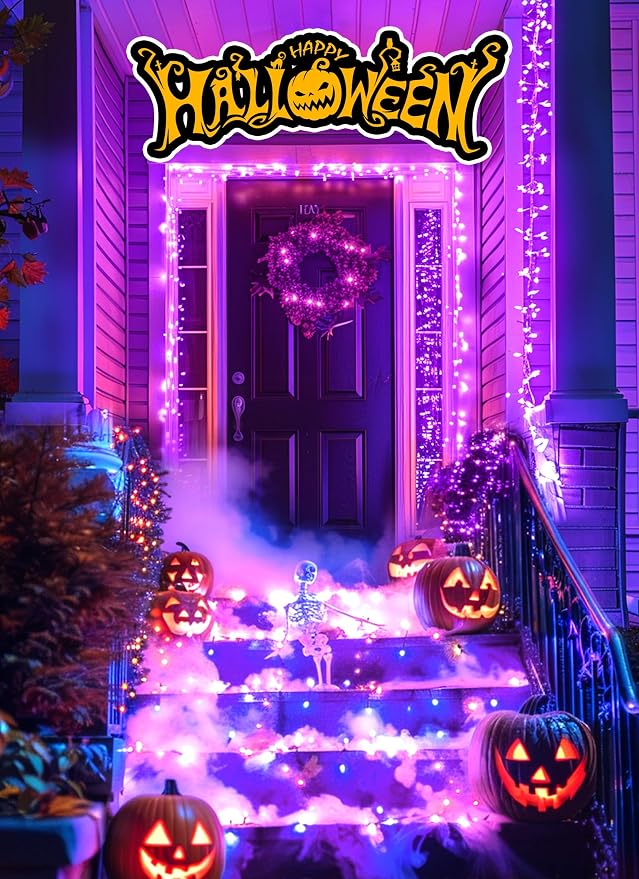 Halloween Solar String Lights Outdoor Waterproof, 19.6Ft 240 LED 8 Modes | Solar Fairy Lights Halloween Lights Outdoor, Waterproof Twinkle Firecracker Light for Patio Yard Trees, Purple