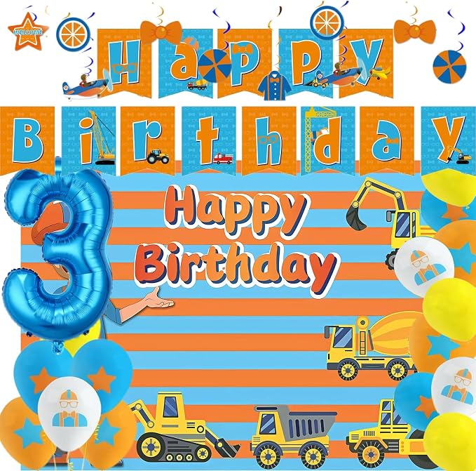 Cartoon Teacher Theme Party Supplies, 3rd Birthday Party Decorations for Boys Girls, Blue and Orange Theme with Number 2 Balloon, Backdrop, Banner, Balloons, Cake Topper, Hanging Swirl Party Supplies