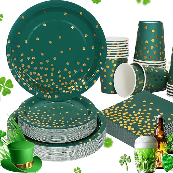 Green and Gold Party Decorations, 200Pcs Emerald Green Plates and Napkins Party Supplies, Birthday Plates for Fathers Day Graduation Decorations