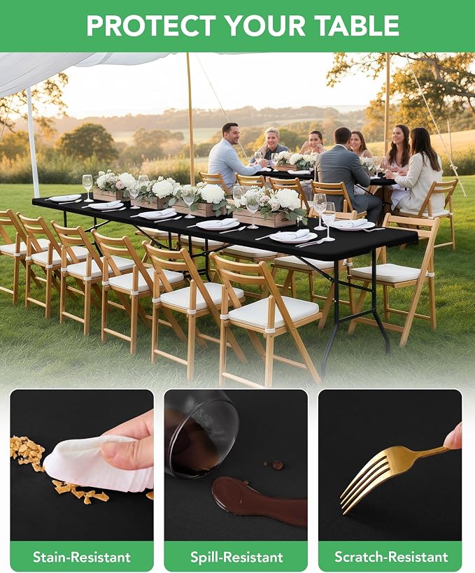 KeyWave Fitted Tablecloth Rectangle Table Cloths - 8 Pack 8 Foot Elastic Stretch Folding Table Top Cover Water-Resistant Reusable for Outdoor Picnic Camping Party Event, Black, 96" L x 30" W