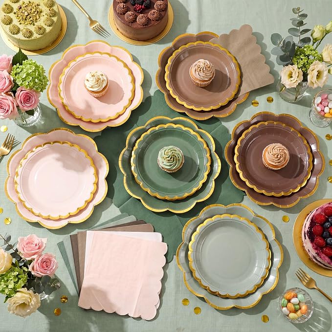 144 Pcs 48 Guests Woodland Baby Shower Tableware Set Green Brown Paper Plates and Napkins Woodland Party Supplies Disposable Tableware Scalloped Plates for Safari Jungle Birthday Wedding