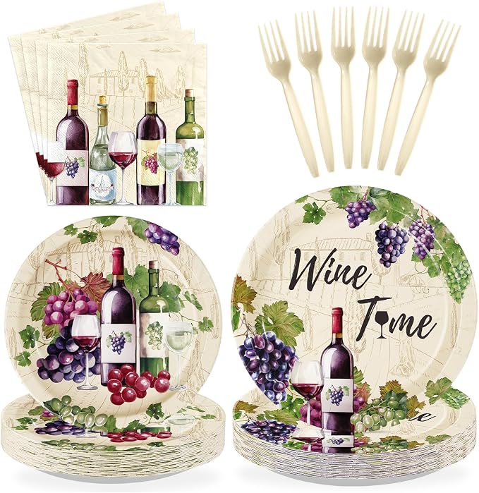 96Pcs Wine Tasting Party Supplies Red Wine Plates and Napkins Purple Grapes Vineyard Tableware Set for Women Girls Bridal Shower Drinks Theme Party Decorations Serves 24