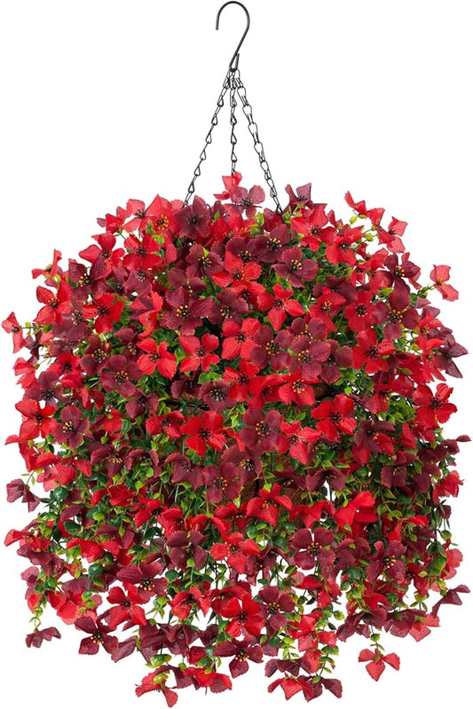 INXUGAO Artificial Hanging Flowers Plants with Basket for Outdoors, Realistic Faux Silk Daisy Flower Eucalyptus for Spring Decor, UV Resistant Fake Plants for Porch Patio Yard Balcony, Red Brown