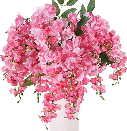 Wisteria Hanging Flowers, Spring Fake Flower for Vase, 2Pcs Silk Wisteria UV & Fading Resistant Faux Plants for Wedding Arch Backdrop Outdoor Patio Garden Decoration Centerpiece Table (Pink)