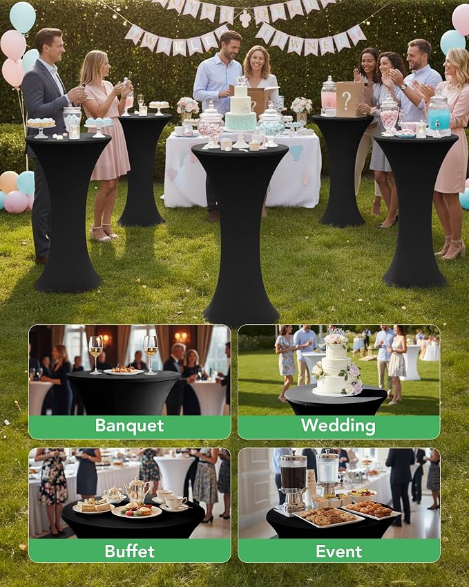 KeyWave Cocktail High Top Table Covers - 24x43 Inch Fitted Spandex Round Cocktail Tablecloth for Bar Height Standing Table Cloths Reusable, for Party Bistro Wedding Event Decorations, Black, 8 Pack