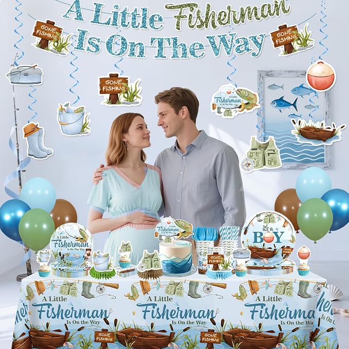 171 PCS Fishing Baby Shower Decorations for 20 Guests, Disposable Tableware Set with Banner, Cake Topper, Balloons, Plates and Napkins-Easy Assembly Fishing Theme Baby Shower