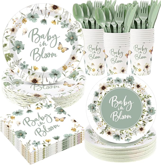 Funnymoom 400 Pcs Baby in Bloom Party Supplies for 50 Guests Green Floral Baby Shower Paper Plates and Napkins Knives Spoon Fork Cup Disposable Wildflower Dinner Party for Spring Greenery Favor