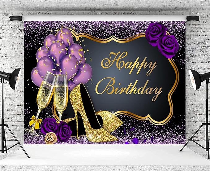15x10ft Purple Gold Happy Birthday Backdrop Black Golden Purple Balloons Glitter Photography Background Girls Women Birthday Party Banner Decorations Supplies Photo Studio Props