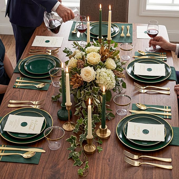 NOCCUR 350PCS Green Plastic Plates - Disposable Green Gold Dinnerware Set for 50 Guests, 100 Dinner/Dessert Plates, 150 Gold Silverware, 50 Cups&50 Napkins for Party ＆ Wedding ＆ Spring