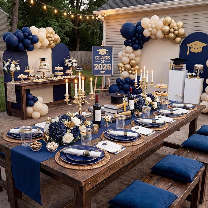 KIRE 350Pcs Blue and Gold Plates -Heavy Duty Navy Blue Dinnerware Set - 100 Plastic Plates 50 Pre Rolled Napkins with Gold Plastic Silverware 50 Cups for Birthday/Wedding/Parties/Graduation