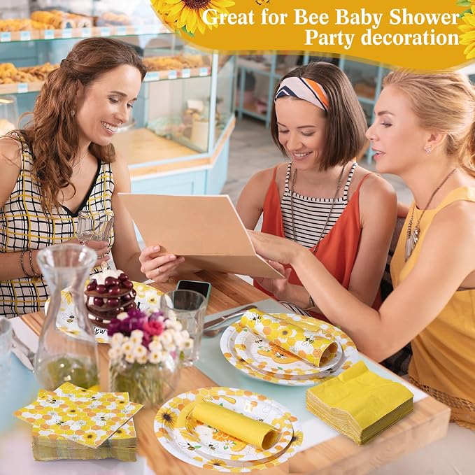 Funnymoom 200 Pcs Honey Bee Party Supplies Sweet as Can Bee Disposable Paper Dinner Plates Dessert Plates Napkins for Baby Shower Birthday Gender Reveal Party Decoration Serves 50 Guests