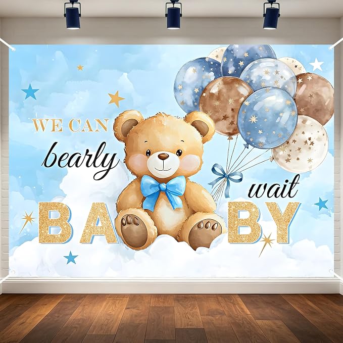 Bear Baby Shower Backdrop 7x5FT, We Can Bearly Wait Party Banner, Watercolor Sky Blue Balloons Bear Theme Background, Baby Shower Decoration for Newborn Photo Props Props
