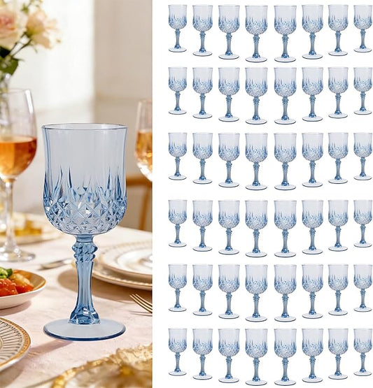 Teruntrue 48 Pcs Dusty Blue Plastic Wine Glasses Vintage Wine Glass for Parties Crystal Plastic Goblets Drinking Glasses Reusable Drinkware for Wedding, Valentine’s Day, Parties, Grand Event