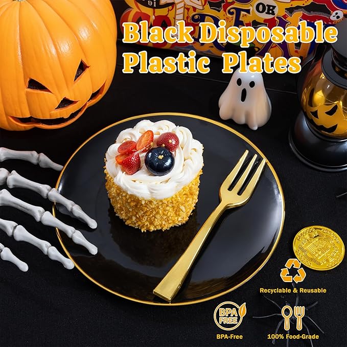 Festiva 200Pcs Black Gold Dessert Plates 6.3" with Plastic Forks 5"- Small Disposable Plates- Dessert/Cake/Appetizer Plastic Plates include 100Plates 100Forks for Tea Party & Birthday