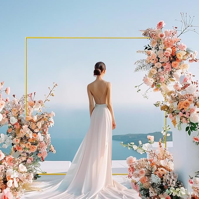 6.6FT Square Gold Metal Wedding Arch Backdrop Stand for Party Decor | 6.6FT square metal backdrop stand, detachable stable balloon arch for wedding, baby shower & anniversary decor