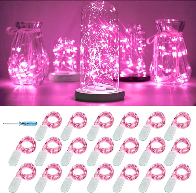 20 Packs Fairy String Lights, 6.6FT 20 LEDs Battery Operated Silver Copper Wire Starry String Light for DIY Party Christmas Costume Wedding Easter Table Decorations (Pink)