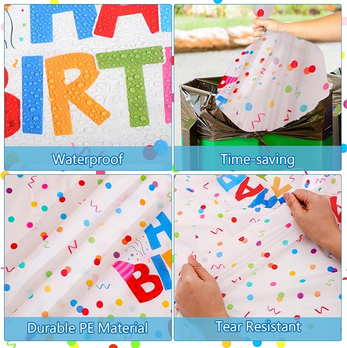 NatNarr 6 Pack Plastic Birthday Tablecloth, 54 x 108 Inch Disposable PE Happy Birthday Party Tablecloths Waterproof Rectangle Party Table Cover for Birthdays Parties Decor