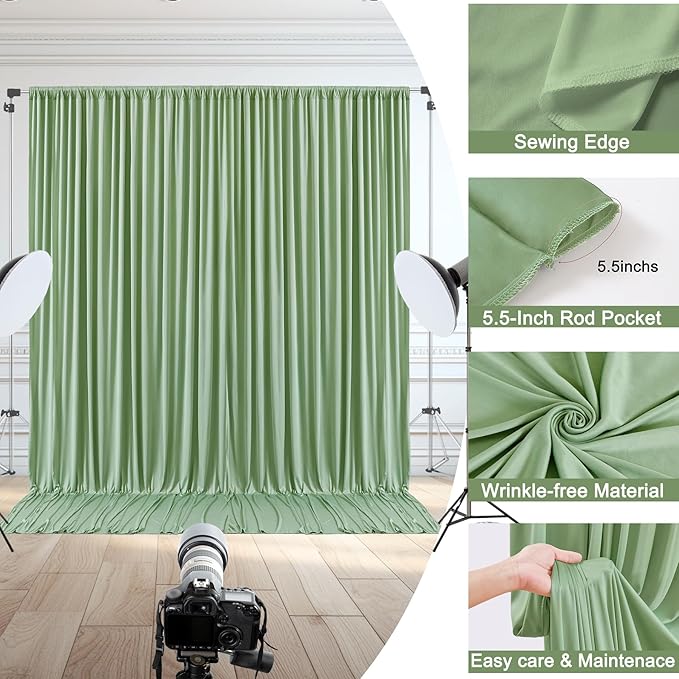 40x10ft Sage Green Backdrop Curtain for Wedding Parties Wrinkle Free Fabric Sage Green Drapes Backdrop Decoration for Baby Shower Birthday Photography Decoration 8 Panels, 5ft x 10ft