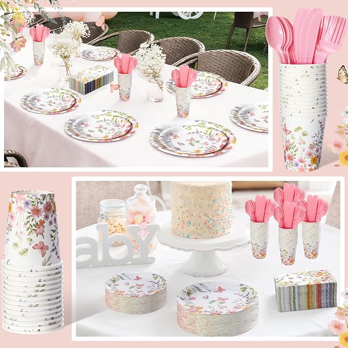 Sinmoe 400 Pcs Pink Floral Plates and Napkins Set Paper Spring Butterfly Wildflower Dinnerware Disposable Party Supplies for 50 Guest Flower Dinnerware Knife Fork Spoon for Spring Birthday Baby Shower