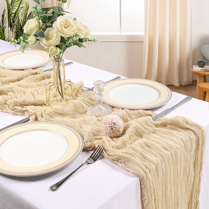 6 Pack 10FT Beige Cheesecloth Table Runner 120 Inch Long Gauze Rustic Boho Spring Cheese Cloth Table Runner Sheer Fabric Decorations for Holiday Party Wedding Banquet Bridal Baby Shower Décor