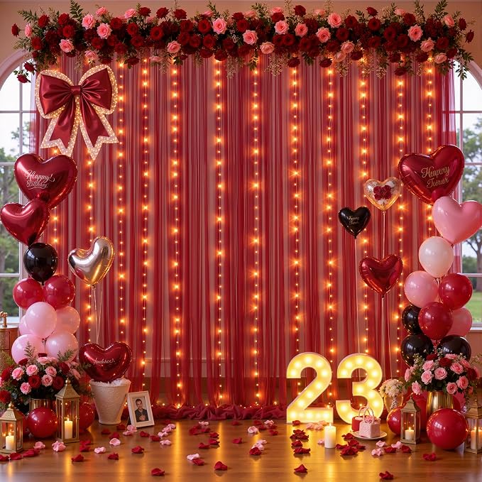 20x10ft Burgundy Tulle Backdrop Curtain with Lights String for Parites, Sheer Backdrop Curtains for Wedding Baby Shower Birthday Party Photo Shoot Decorations