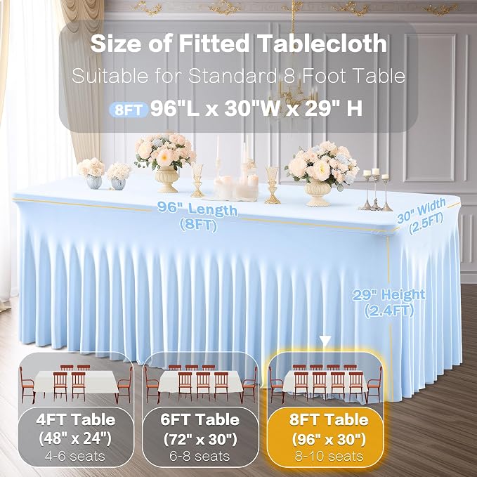 Shillance 2 Pack Baby Blue Spandex Table Clothes for 8 Foot Rectangle Tables, Wrinkle Free Fitted Tablecloths Stretch Ruffles Table Cover for Party, Banquet, Wedding and Events