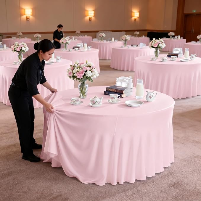 10 Pack Pink Round Spandex Tablecloths for 60in Tables, 120 Inch Stretch Fitted Table Skirts, Wrinkle-Free Washable Polyester Covers for Wedding, Banquet & Party